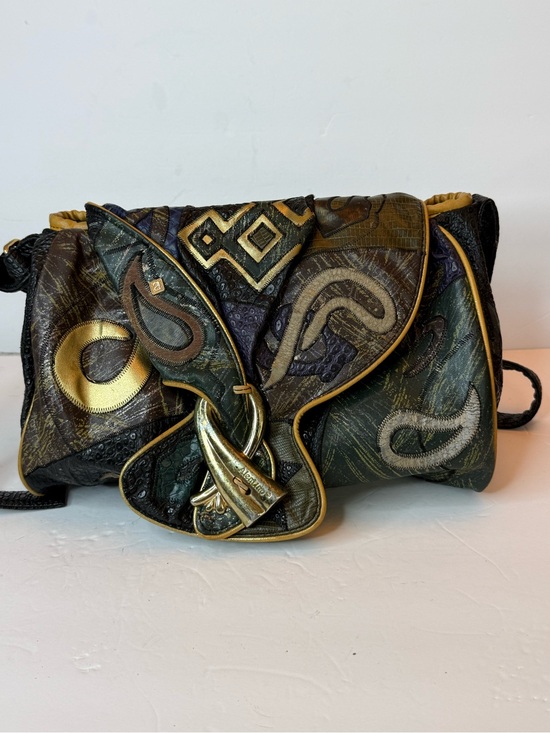 Vintage Handbags - Vintage Artisan Abstract Patchwork Shoulder Bag in Green and Gold